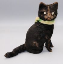 Seated clockwork cat, black mohair with green ribbon, mouth opens and tail twitches, H15.5cm