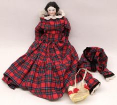 Reproduction 19th century style porcelain head doll, moulded and black painted hair, tartan costume,