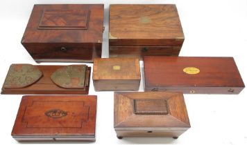 Various wooden boxes incl. writing slope with black leather surface, sewing work box, brass