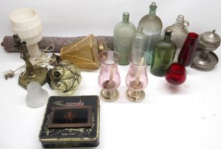 C20th Caged bubble glass ceiling light, collection of glass magic lantern slides, white marble lamp,