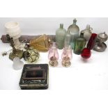 C20th Caged bubble glass ceiling light, collection of glass magic lantern slides, white marble lamp,