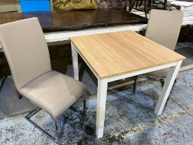 Modern oak finish kitchen table on white legs and a pair of chrome framed high back chairs, 80cm x