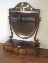 19th century mahogany toilet mirror, shield plate on serpentine inlaid base with three drawers,