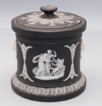 Wedgwood black dipped jasperware tobacco jar and cover, H11cm, A/F