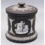 Wedgwood black dipped jasperware tobacco jar and cover, H11cm, A/F