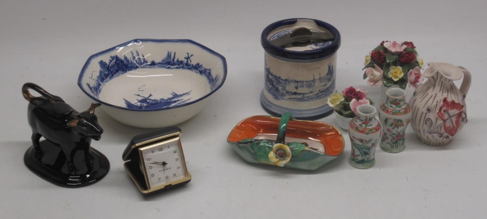 Royal Doulton Norfolk pattern tobacco jar, a similar bowl, a Jackfield type cow creamer, and other