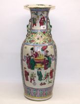 Large C20th Chinese famille rose figurative baluster vase, the neck with applied dogs of fo, H61.