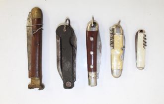 Set of five pocket knives of various styles, to include a military utility knife, an Irish Towika