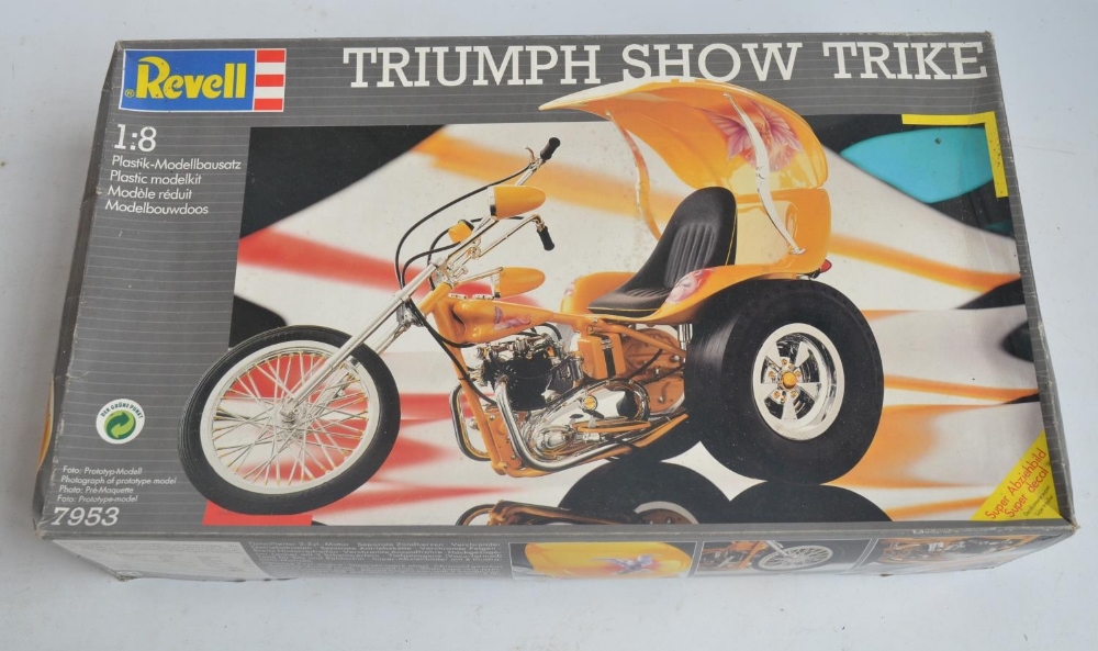 Factory sealed 1/8 scale Revell 7953 Triumph Show Trike plastic model kit, boxed a little crushed