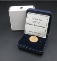 The Royal Mint Elizabeth II 2001 22 Carat Gold Sovereign, with COA in a Westminster coin box