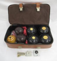 3 Sets of Crown Green Bowls, a Jack and measures in travel bag.