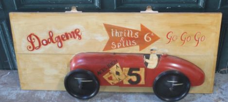 'Dodgems thrills & spills 6d Go Go Go' diorama on plank frame, 110.5cm x 47.3cm