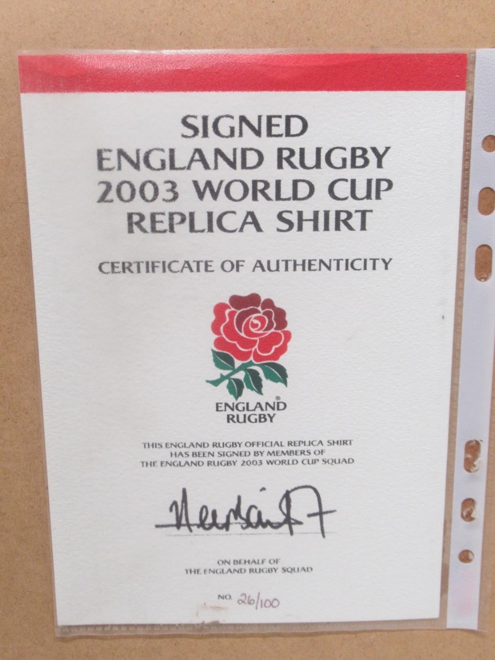 Limited Edition no.26/100 Signed England Rugby 2003 World Cup Replica Shirt, with COA from England - Image 5 of 5