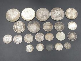 Collection of George II, III & IV shillings, crowns, etc. (7.03 ozt)