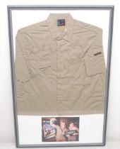 Framed signed Steve Irwin shirt, with COA from Personal Assistant to Steve Irwin, 62.6cm x 93.5cm