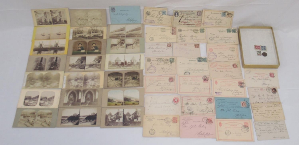 25 early c20th postcards with used German and British stamps, 3 loose stamps (1 Queen Victoria, 2