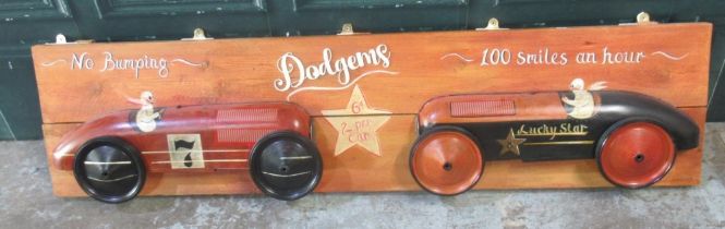 'No Bumping Dodgems 100 Smiles an Hour' car diorama on 2 plank frame, 180cm x 43.5cm