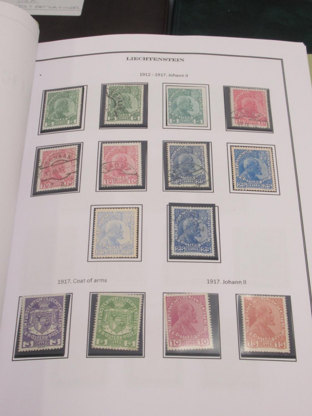 Davo Liechtenstein stamp album, 2 stamp albums cont. various world stamps, Davo USA stamp album