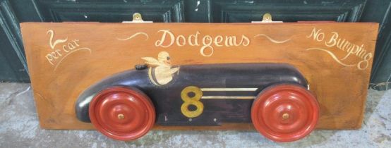 '2 per car Dodgems No Bumping' diorama on plank frame, 107cm x 36.5cm