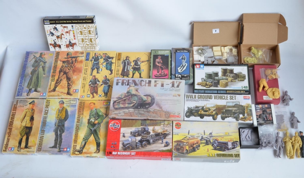 Mixed collection of mostly WWII era plastic and resin model kits from Tamiya, Meng, Airfix, Master