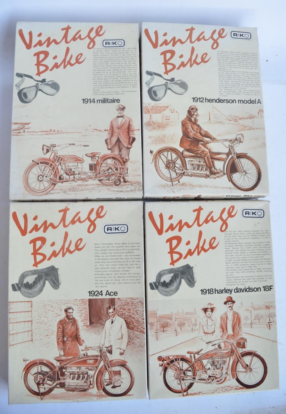 Four 1/16 scale Vintage Bike Series plastic model motorcycle kits from Aoshima to include 1912