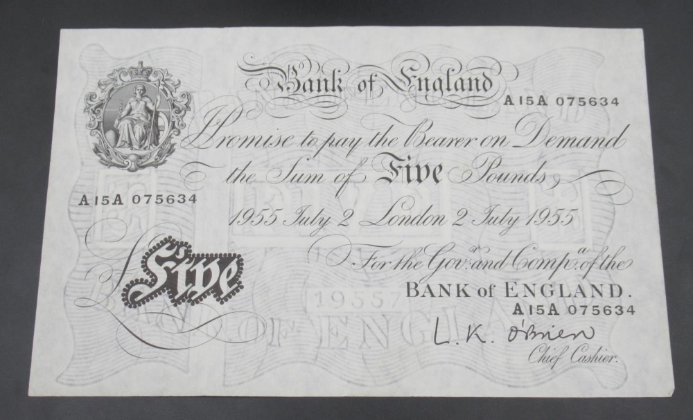 Bank of England 'White' £5 note 1955, signed O'Brien, serial prefix A15A, London 2 July 1955