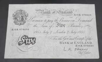 Bank of England 'White' £5 note 1955, signed O'Brien, serial prefix A15A, London 2 July 1955