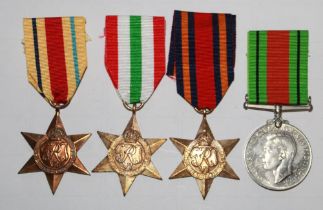 Burma Star, Africa Star, Italy Star, 1939-45 Defence Medal.