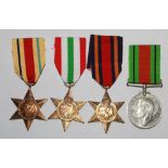 Burma Star, Africa Star, Italy Star, 1939-45 Defence Medal.