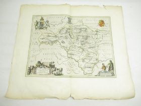 C17th map of Radnor-shire circa 1645 by Bleau, later coloured, unframed, 66.5cm x 56.5cm