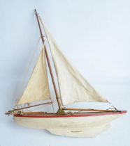 Large vintage wooden pond racer style model yacht with solid carved hull, no makers marks, rudder