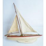 Large vintage wooden pond racer style model yacht with solid carved hull, no makers marks, rudder