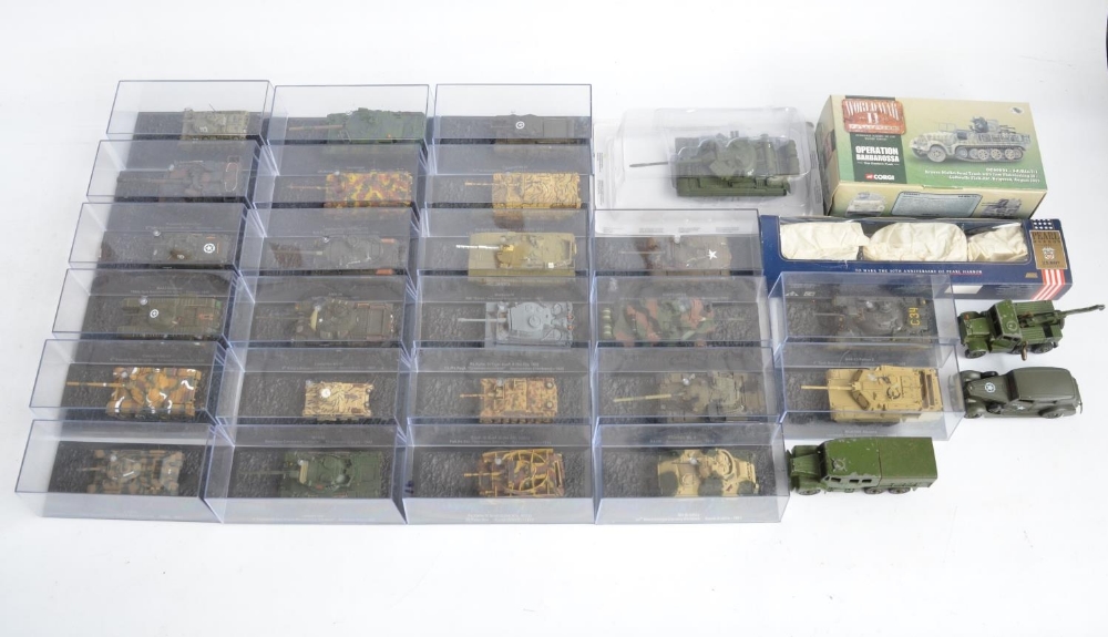 Collection of diecast armour models including 24 cased 1/72 tanks from DeAgostini (no magazines),