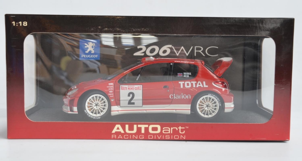Autoart 1/18 scale highly detailed Peugeot 206WRC, Burns and Reid Rallye Monte Carlo 2003, model