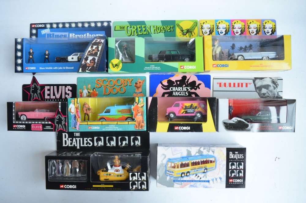 Nine boxed film, television, music and celebrity themed diecast model car sets from Corgi, most with