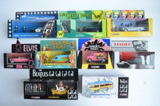 Nine boxed film, television, music and celebrity themed diecast model car sets from Corgi, most with