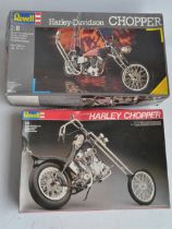 Two 1/8 scale Revell Custom Harley Davidson Chopper motorbike plastic model kits, 7928 and 7911, all