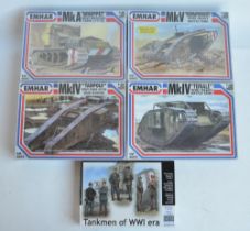 Four unbuilt 1/35 scale WW1 British tank plastic model kits from Emhar, 3 still factory sealed to
