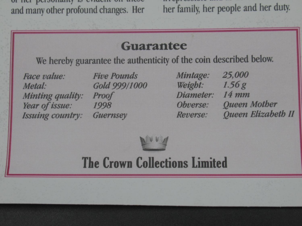 The Crown Collections Ltd Queen Elizabeth The Queen Mother £5 Bailiwick of Guernsey 1998 gold - Image 4 of 4