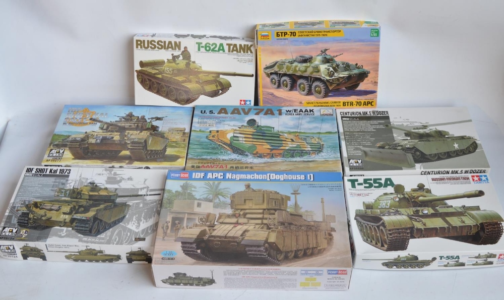 Eight unbuilt 1/35 post war tank and armoured vehicle plastic model kits to include Tamiya T-55A and