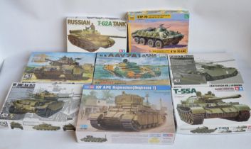 Eight unbuilt 1/35 post war tank and armoured vehicle plastic model kits to include Tamiya T-55A and