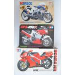 Three unbuilt 1/12 scale plastic model motorcycle kits from Tamiya to include 14060 Honda NR, 1445