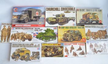 Twelve unstarted 1/35 scale WWII British armour plastic model kits/sets from Tamiya, Airfix,