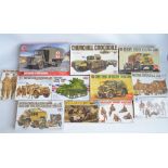 Twelve unstarted 1/35 scale WWII British armour plastic model kits/sets from Tamiya, Airfix,