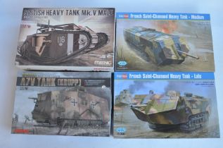 Four unbuilt 1/35 WWI era tank model kits to include 2x Hobby Boss French Saint-Chamond heavy
