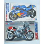 Two unbuilt 1/12 scale racing Yamaha motorcycle plastic model kits from Tamiya to include 14076