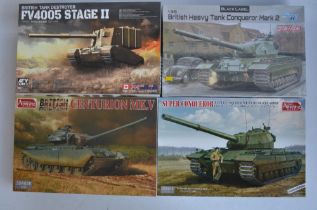 Four unbuilt 1/35 post war British main battle tank plastic model kits to include an Amusing Hobby