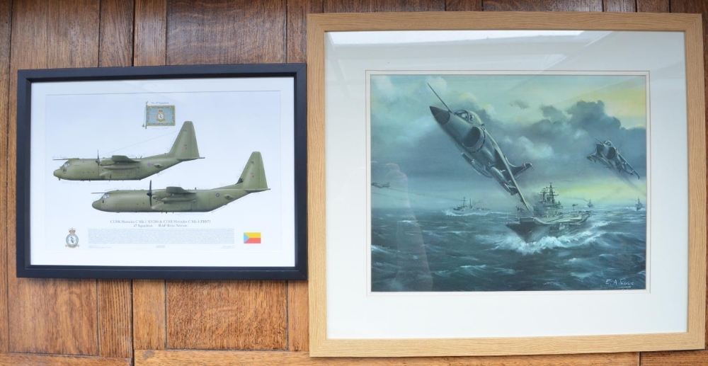 Two framed military prints to include C130K Hercules of 47 sqn, extensively crew signed from
