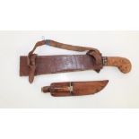 Indonesian Parang with wooden hilt and leather sheath. A small English hunting knife with antler