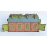 Vintage Hornby Meccano O gauge tinplate lithographed No2 locomotive shed in fair condition for